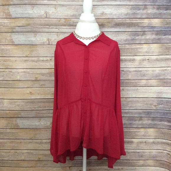 torrid Tops - Torrid red sheer long sleeve floral lace blouse 1X